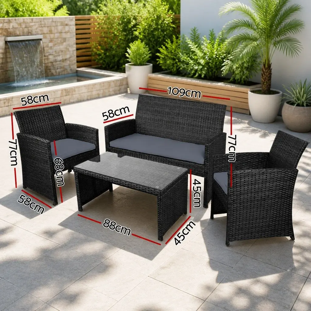 Outdoor Sofa Set 4 Piece Rattan Chair Weather-Resistant Black