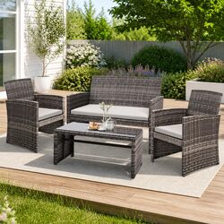 4-Piece Outdoor Rattan Sofa Set with Storage Cover Grey Patio Furniture Lounge