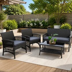 Outdoor Sofa Set 4PCS Wicker Harp Chair Table Garden Furniture Dark Grey