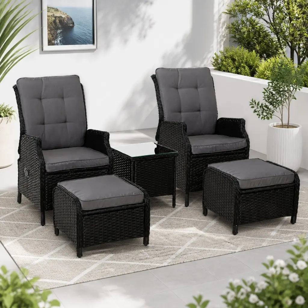5 Piece Wicker Recliner Outdoor Furniture Set Adjustable Chairs Ottomans Side Table Black