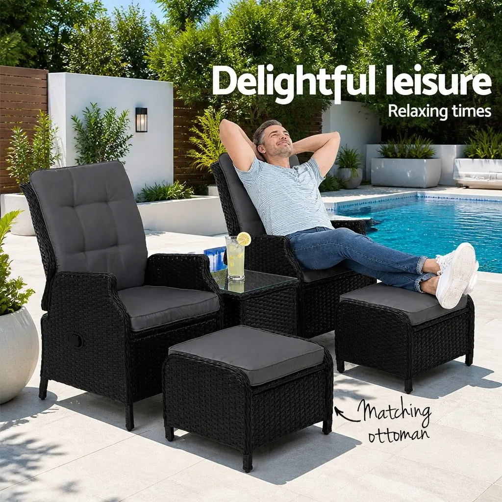 5 Piece Wicker Recliner Outdoor Furniture Set Adjustable Chairs Ottomans Side Table Black