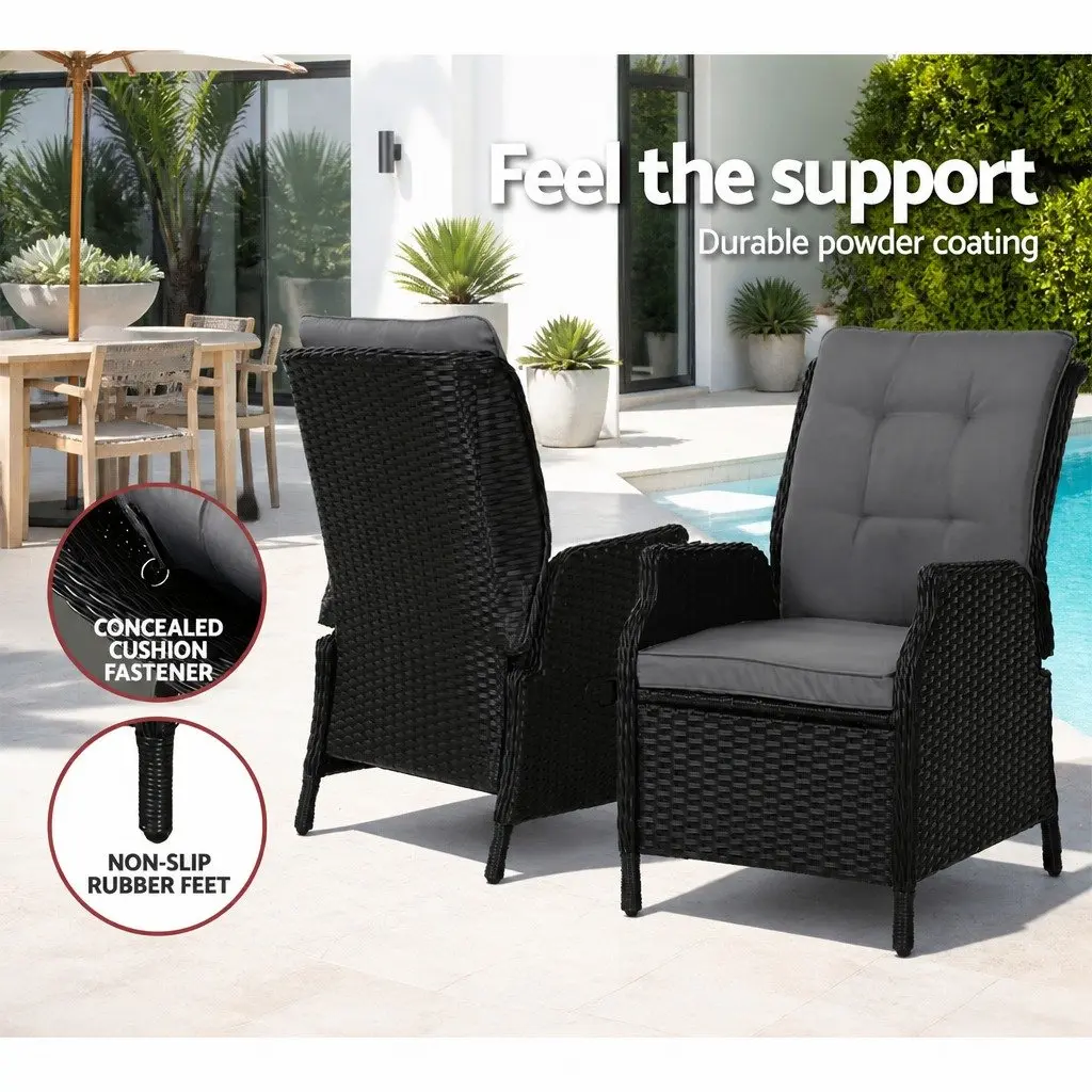 5 Piece Wicker Recliner Outdoor Furniture Set Adjustable Chairs Ottomans Side Table Black