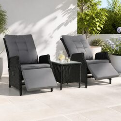 3-Piece Outdoor Recliner Chair Set with Side Table Wicker Garden Lounger