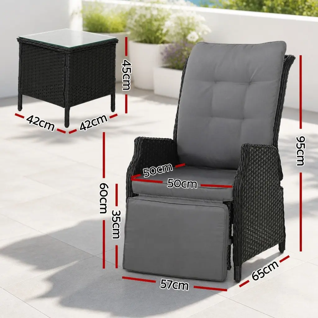 3-Piece Outdoor Recliner Chair Set Adjustable Backrest PE Wicker Black