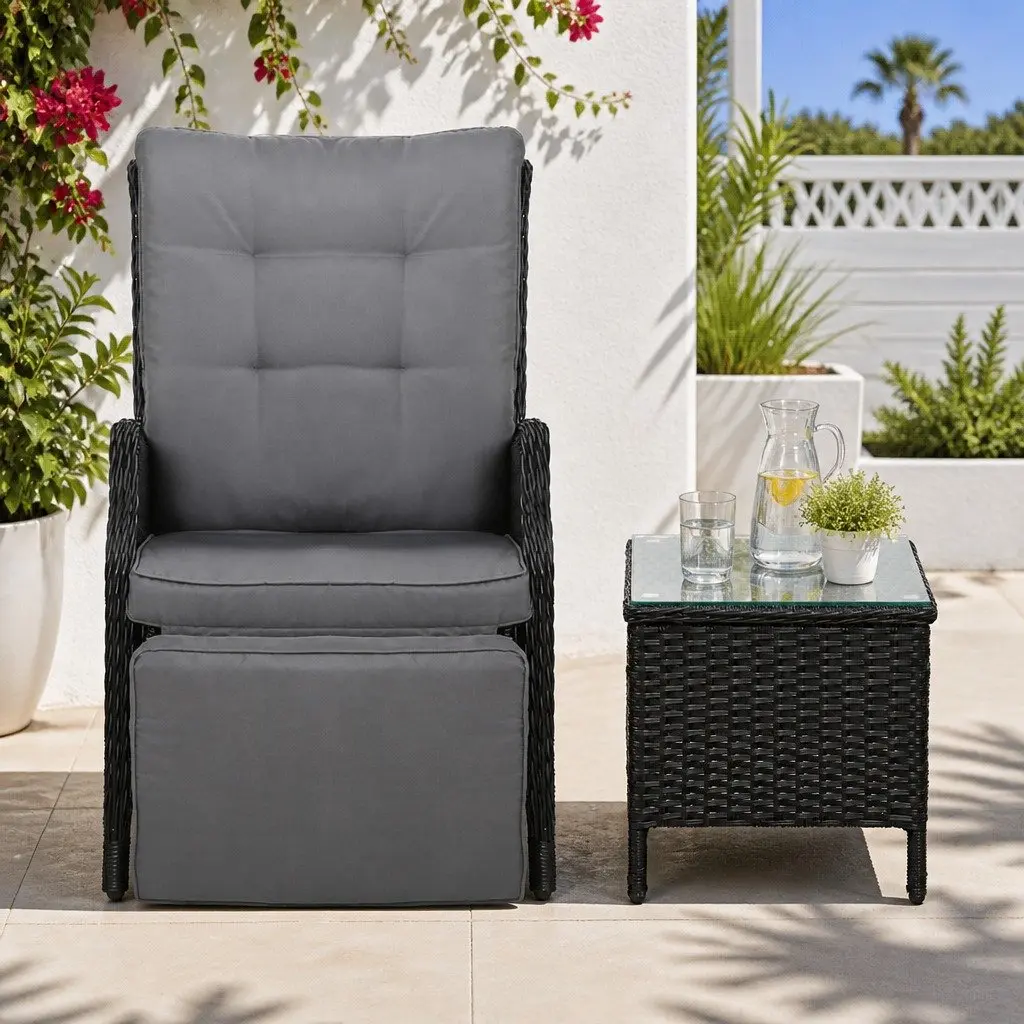 3-Piece Outdoor Recliner Chair Set Adjustable Backrest PE Wicker Black