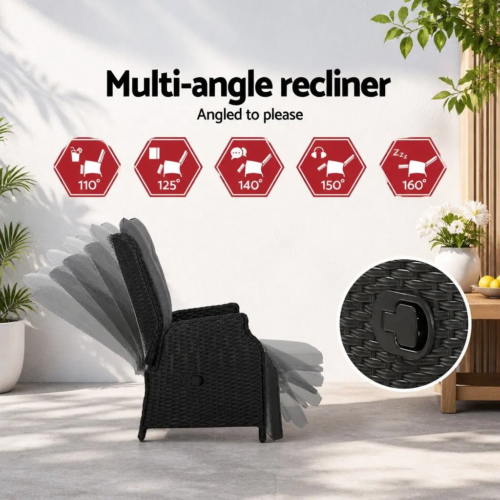 3-Piece Outdoor Recliner Chair Set Adjustable Backrest PE Wicker Black
