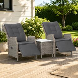 3 Piece Outdoor Recliner Set Wicker Lounge Chairs Side Table Garden Furniture