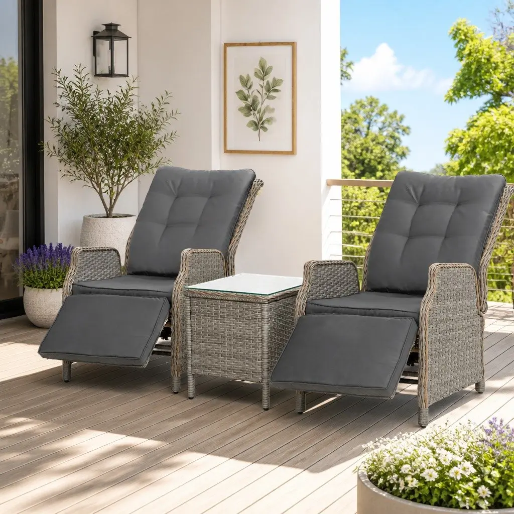 3 Piece Wicker Outdoor Recliner Set Adjustable Chairs Side Table Grey