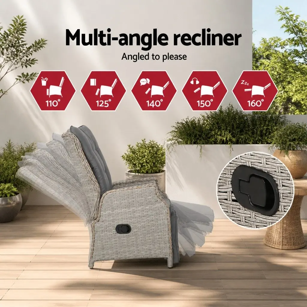 3 Piece Wicker Outdoor Recliner Set Adjustable Chairs Side Table Grey