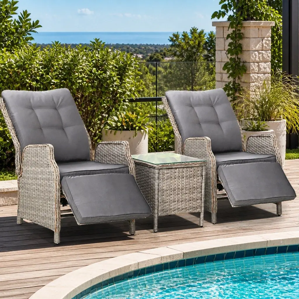3 Piece Wicker Outdoor Recliner Set Adjustable Chairs Side Table Grey