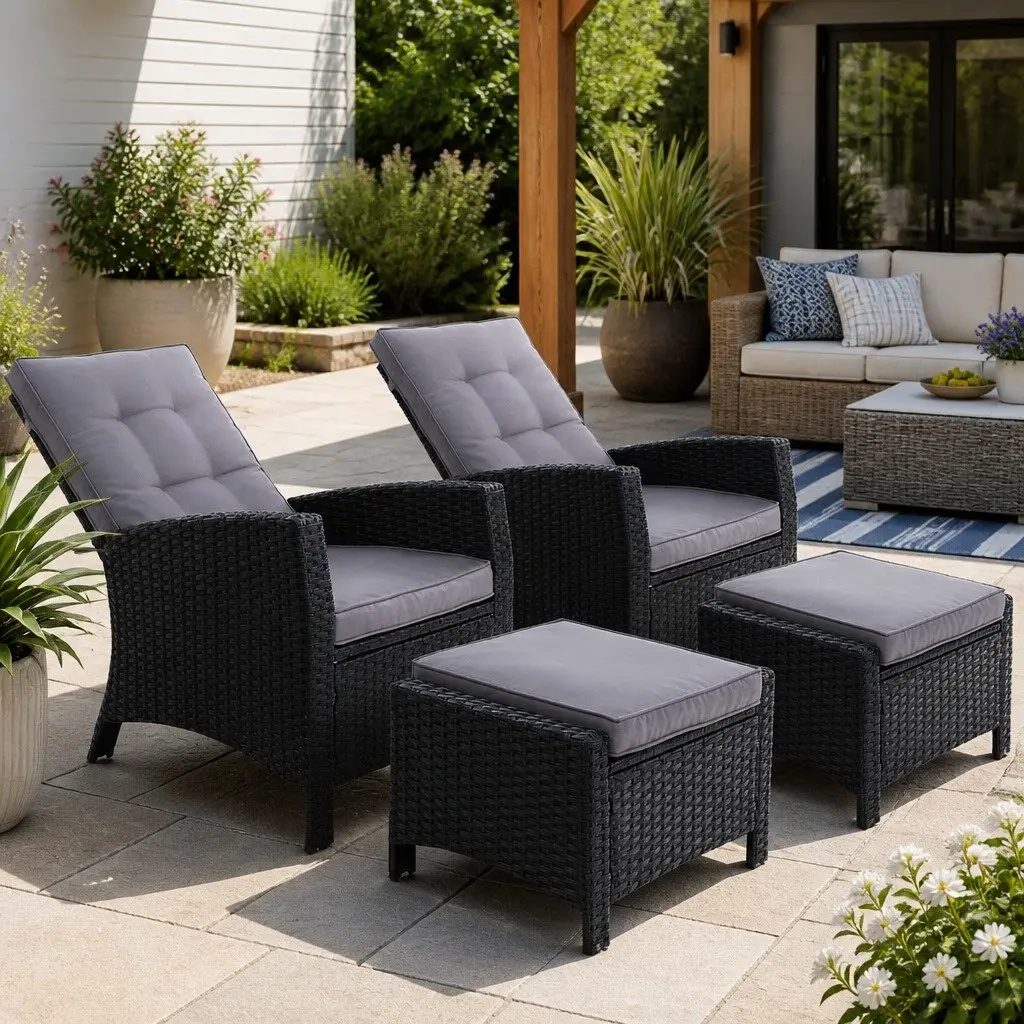 Recliner Chair Adjustable Outdoor Wicker Lounger Black 2PC