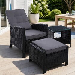 3 Piece Outdoor Wicker Recliner Set with Ottoman and Side Table Black Adjustable