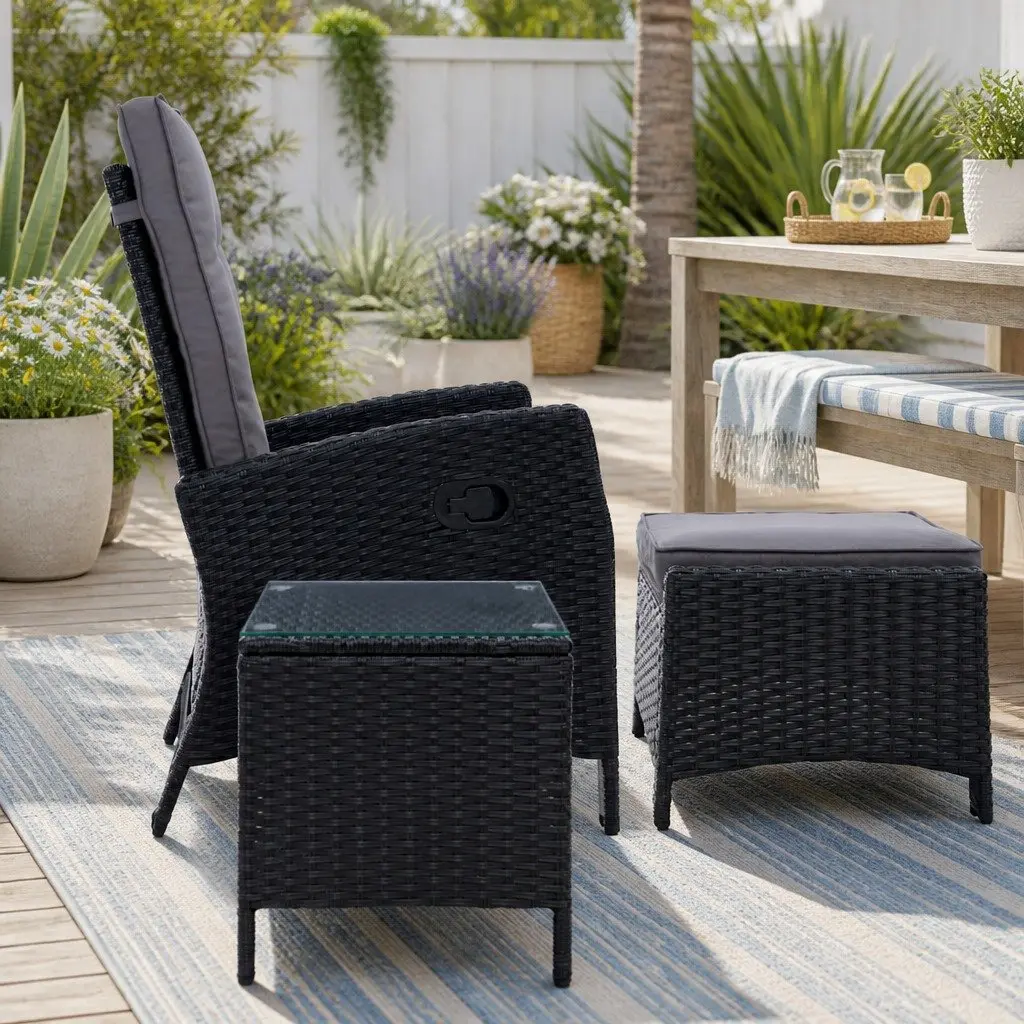 3 Piece Outdoor Wicker Recliner Set Adjustable Backrest Black