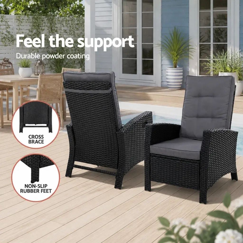 3 Piece Outdoor Wicker Recliner Set Adjustable Backrest Black