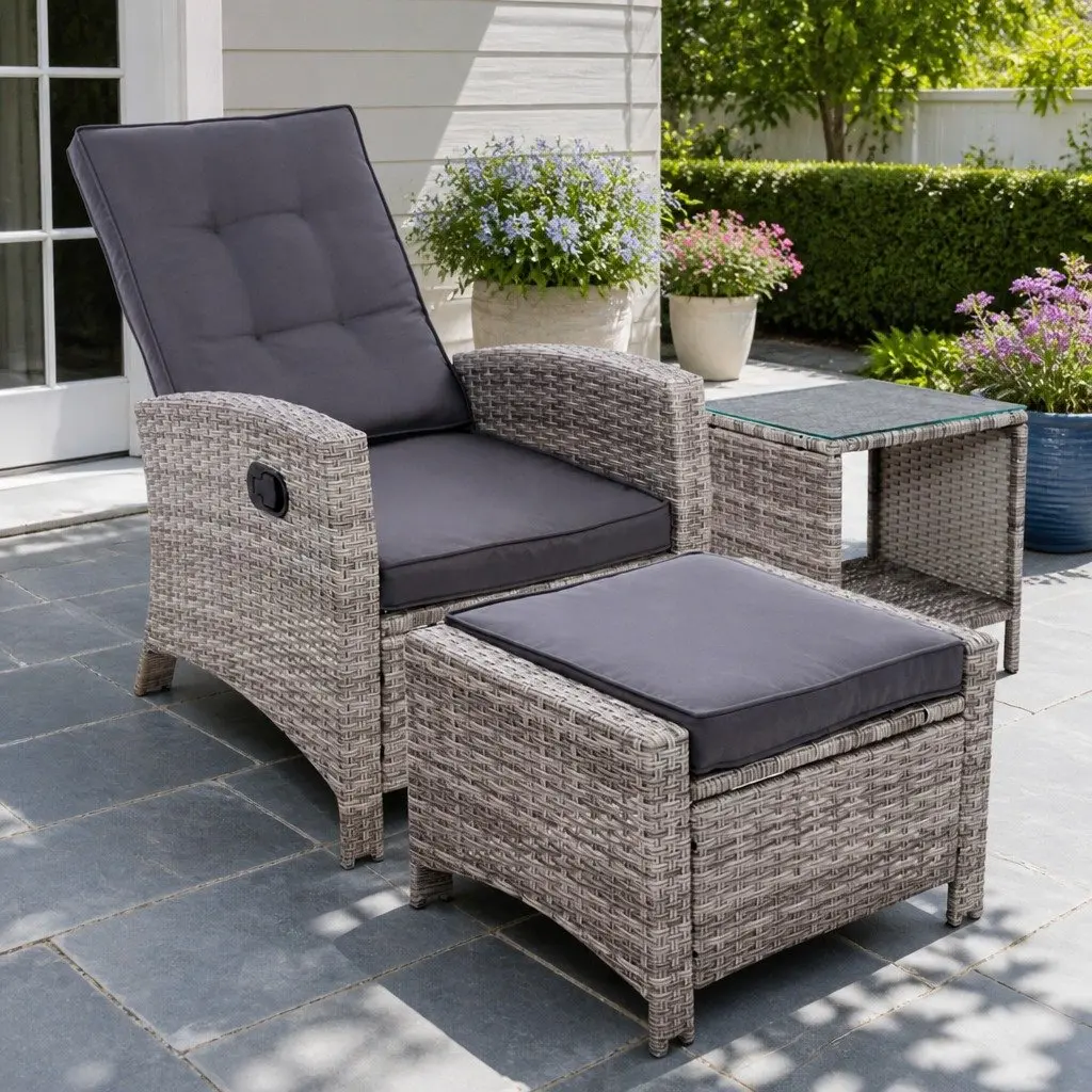 3PC Outdoor Recliner Chair Set Adjustable Grey Wicker Ottoman Side Table