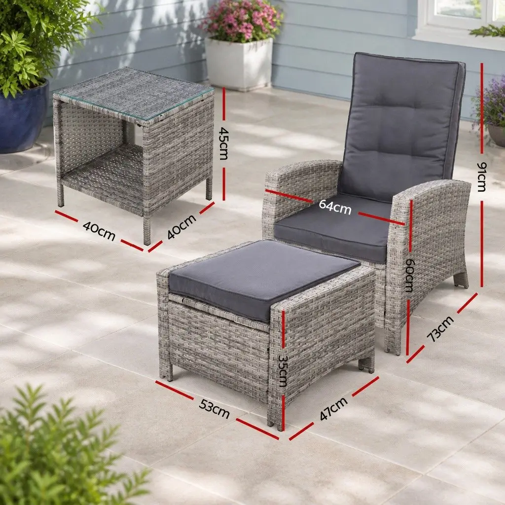3PC Outdoor Recliner Chair Set Adjustable Grey Wicker Ottoman Side Table