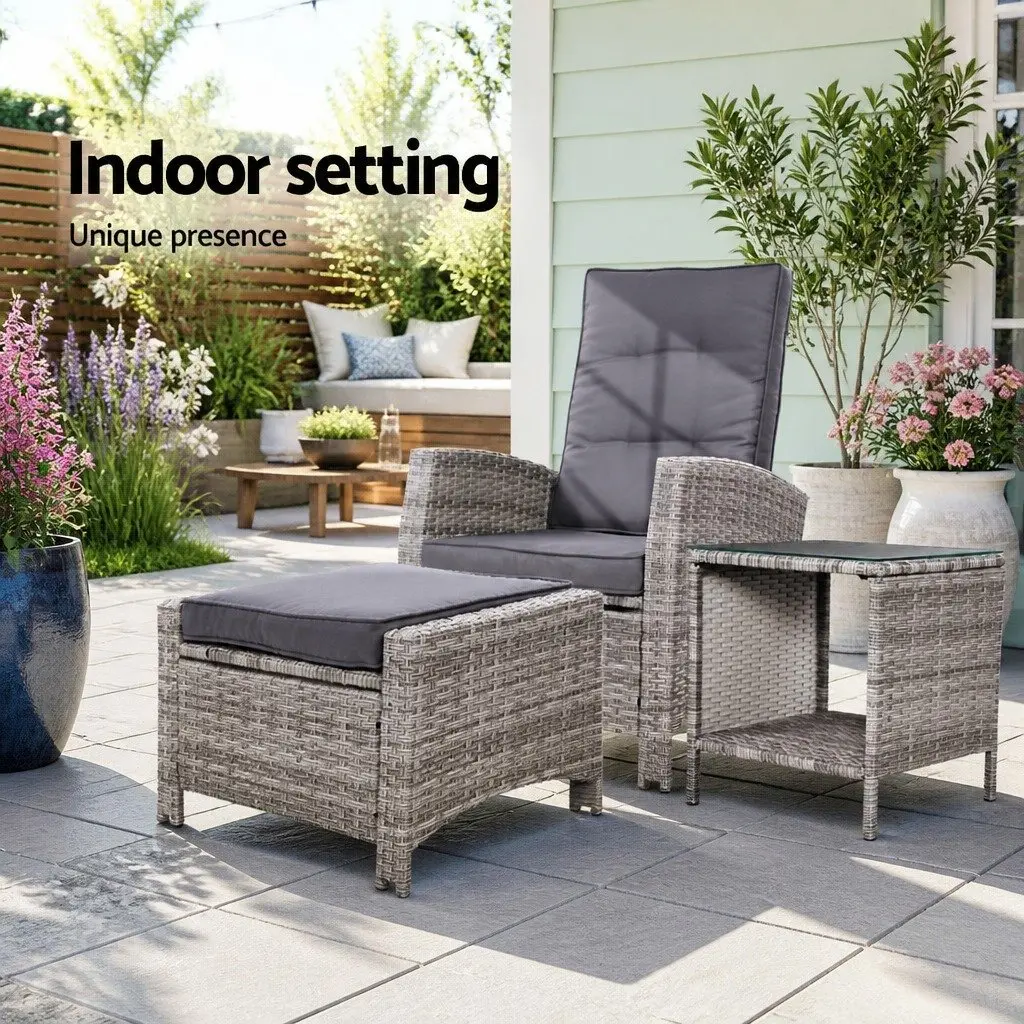 3PC Outdoor Recliner Chair Set Adjustable Grey Wicker Ottoman Side Table