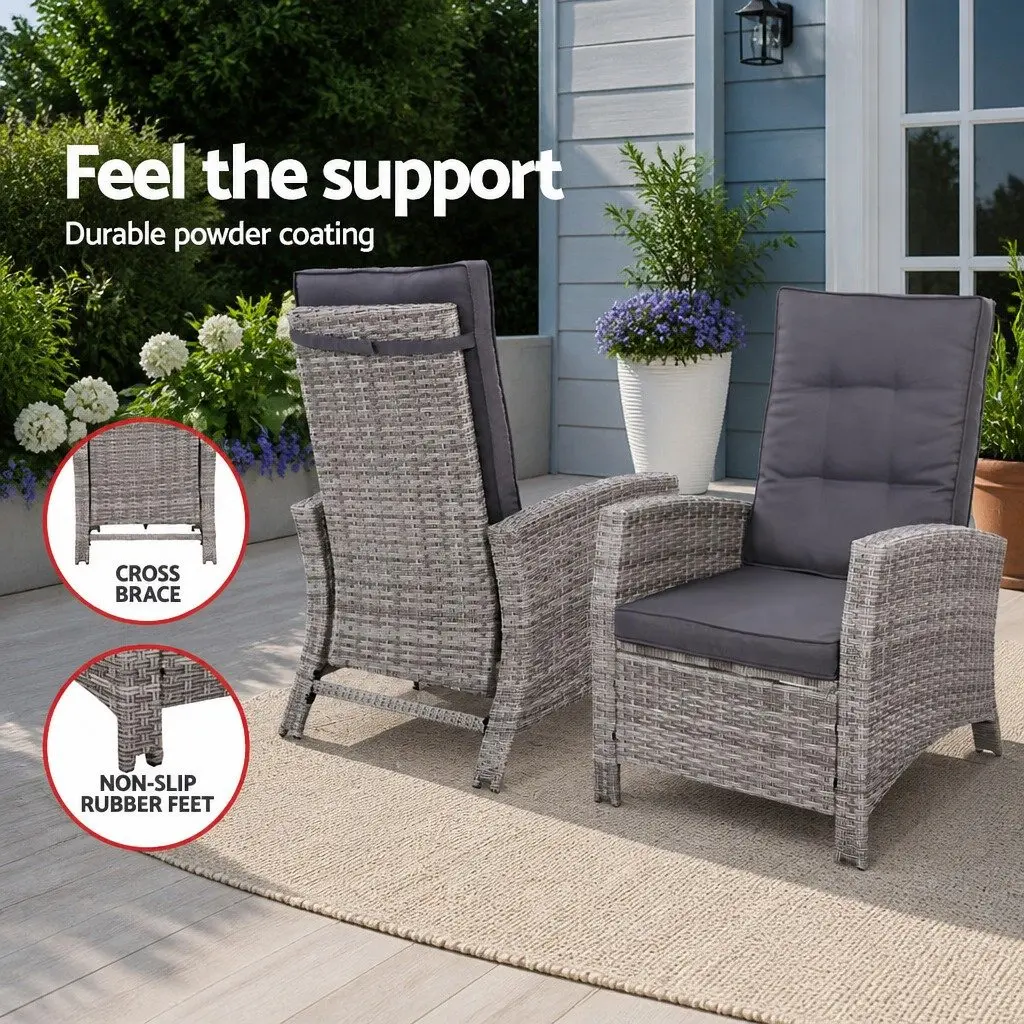 3PC Outdoor Recliner Chair Set Adjustable Grey Wicker Ottoman Side Table