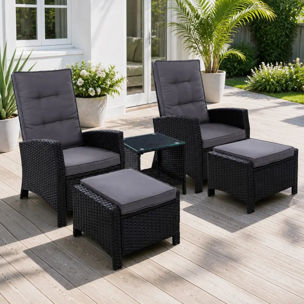 5PC Outdoor Recliner Chair Set Wicker Lounge Furniture Ottoman Table Black