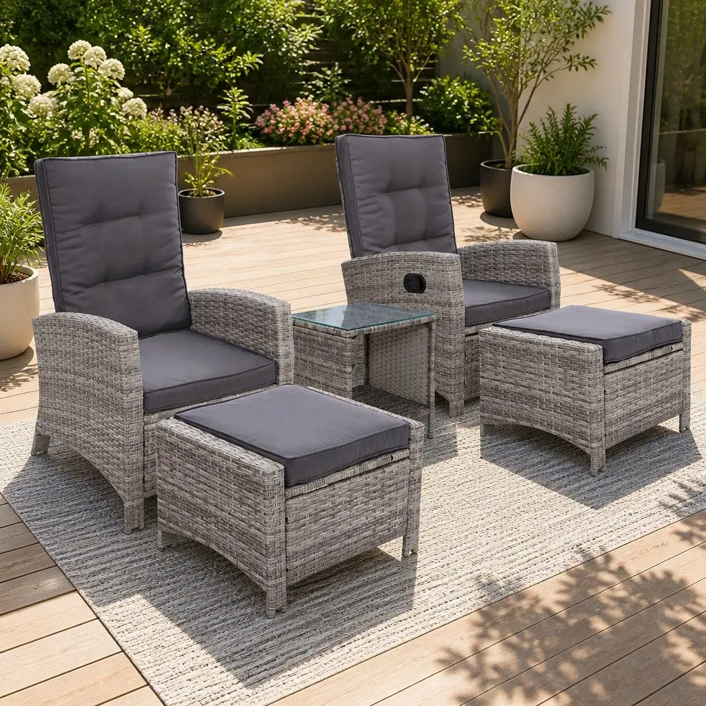 5 Piece Outdoor Recliner Chairs Set Adjustable Grey Wicker with Ottoman and Side Table