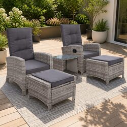 5PC Outdoor Recliner Chairs Ottoman Side Table Wicker Lounge Set Adjustable Grey