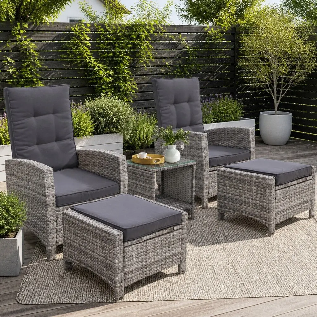 5 Piece Outdoor Recliner Chairs Set Adjustable Grey Wicker with Ottoman and Side Table