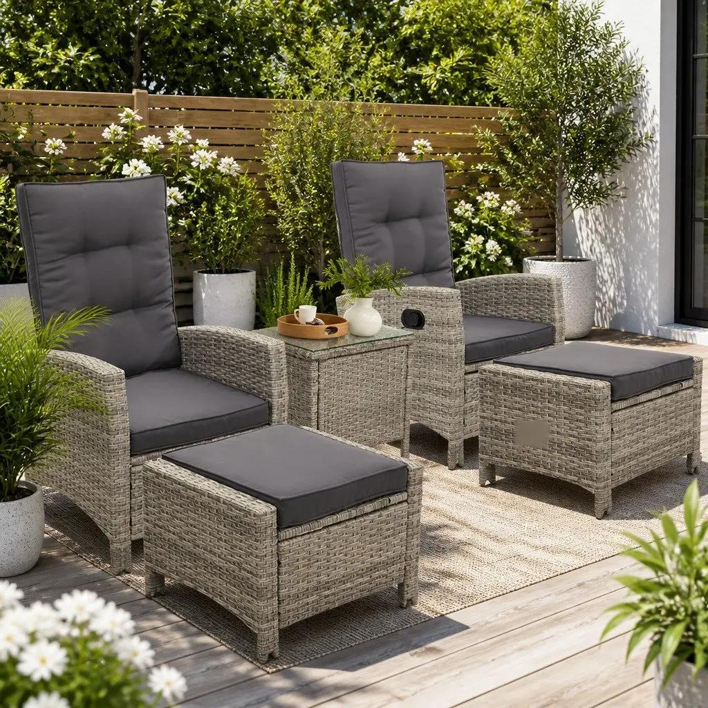 5 Piece Outdoor Recliner Chairs Set Adjustable Grey Wicker with Ottoman and Side Table