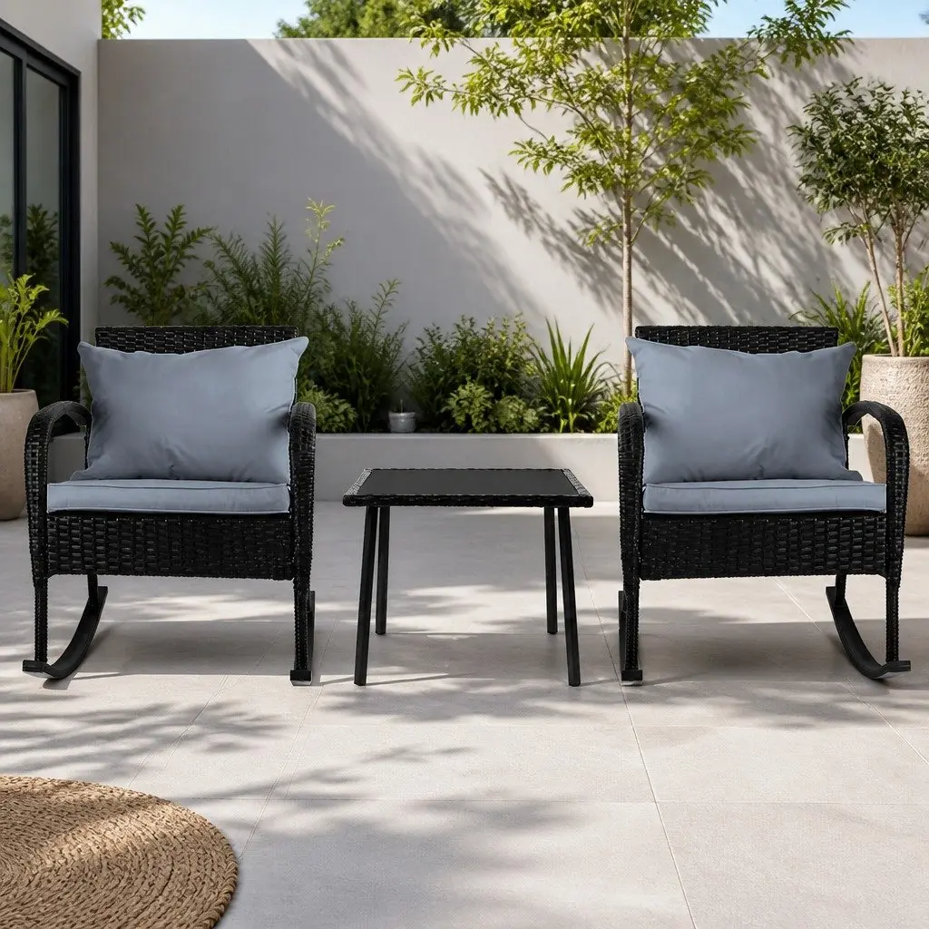 3-Piece Outdoor Rocking Chair Set with Wicker Side Table Patio Bistro Furniture