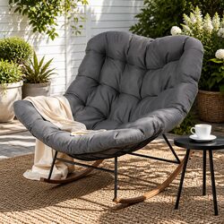 Outdoor Rocking Chair Papasan Lounge Patio Furniture Grey Cushion Steel Frame
