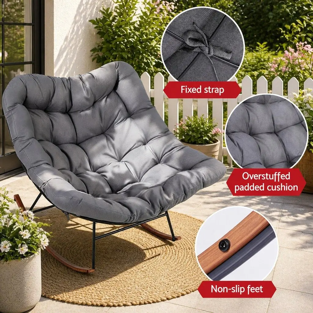 Outdoor Rocking Chair Heavy-Duty Steel Frame Grey Cushion