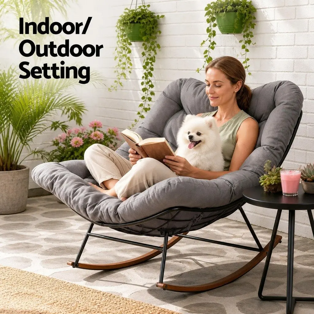 Outdoor Rocking Chair Heavy-Duty Steel Frame Grey Cushion