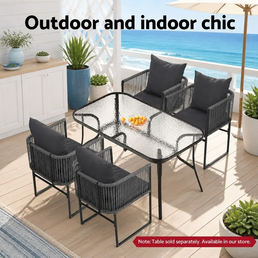 Outdoor Chairs Hand-Woven Rope Seating Steel Frame 2PC Black and Grey