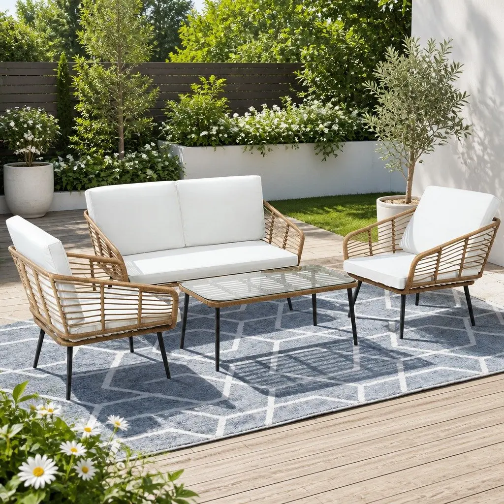 4-Piece Outdoor Lounge Setting Rattan Sofa Set with Table and Cushions White