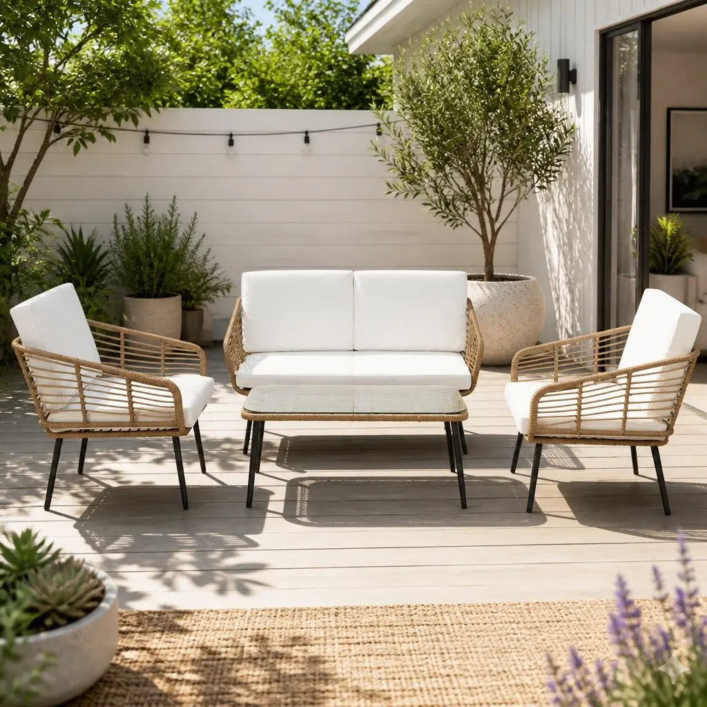4 Piece Outdoor Lounge Setting Rattan Sofa Set with Cushions Natural Rattan and White