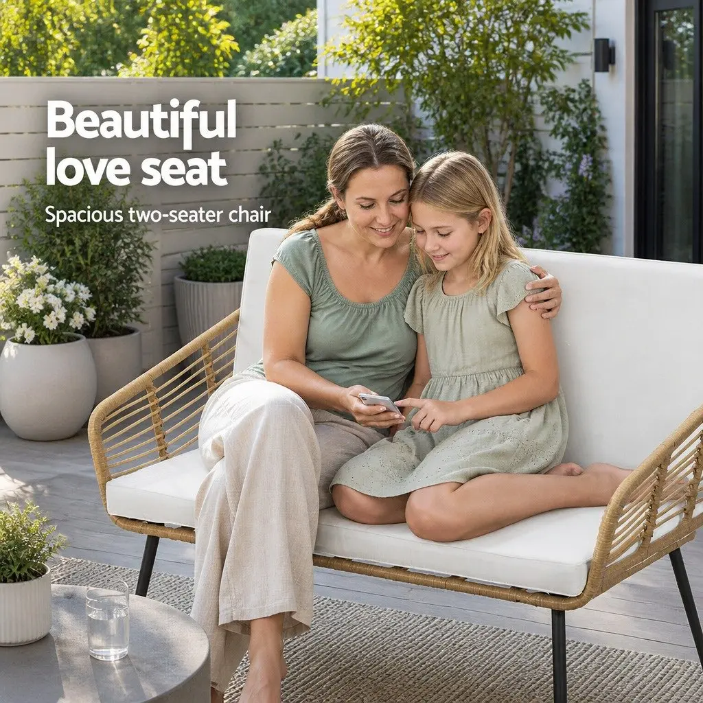 4 Piece Outdoor Lounge Setting Rattan Sofa Set with Cushions Natural Rattan and White