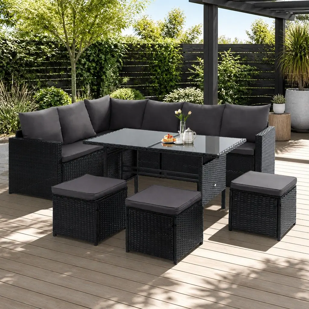 Outdoor Lounge Dining Setting Wicker Sofa Set 9 Seater with Table Black