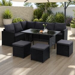 Outdoor Sofa Dining Set 9-Seater Lounge Chairs Table Ottoman with Cover Black