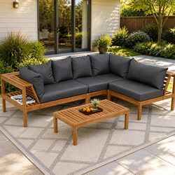 Outdoor Sofa Set 5-Seater Wooden Bench Lounge with Built-in Side Table Natural