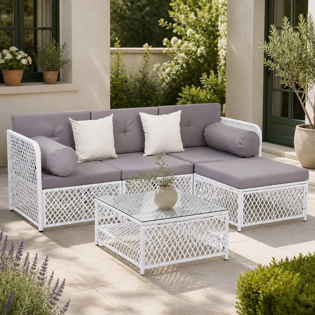 5 Piece Outdoor Sofa Set 4 Seater Lounge Chair Ottoman Table UV Resistant PE Wicker Grey Cushion