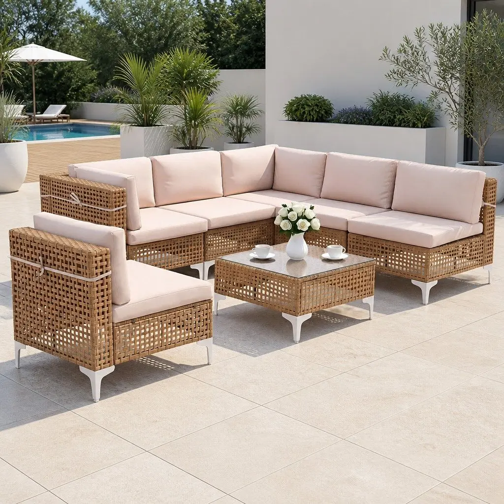 7 Piece 6 Seater Outdoor Sofa Set Modular Rattan Patio Furniture with Coffee Table Beige Cushions