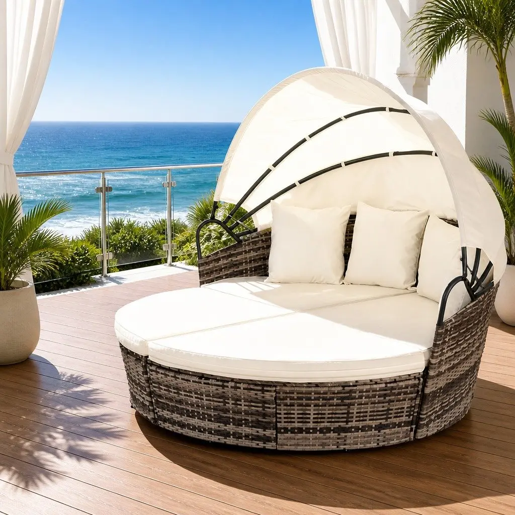 Outdoor Day Bed Sun Lounge Patio Furniture Set Wicker Lounger Folding Canopy