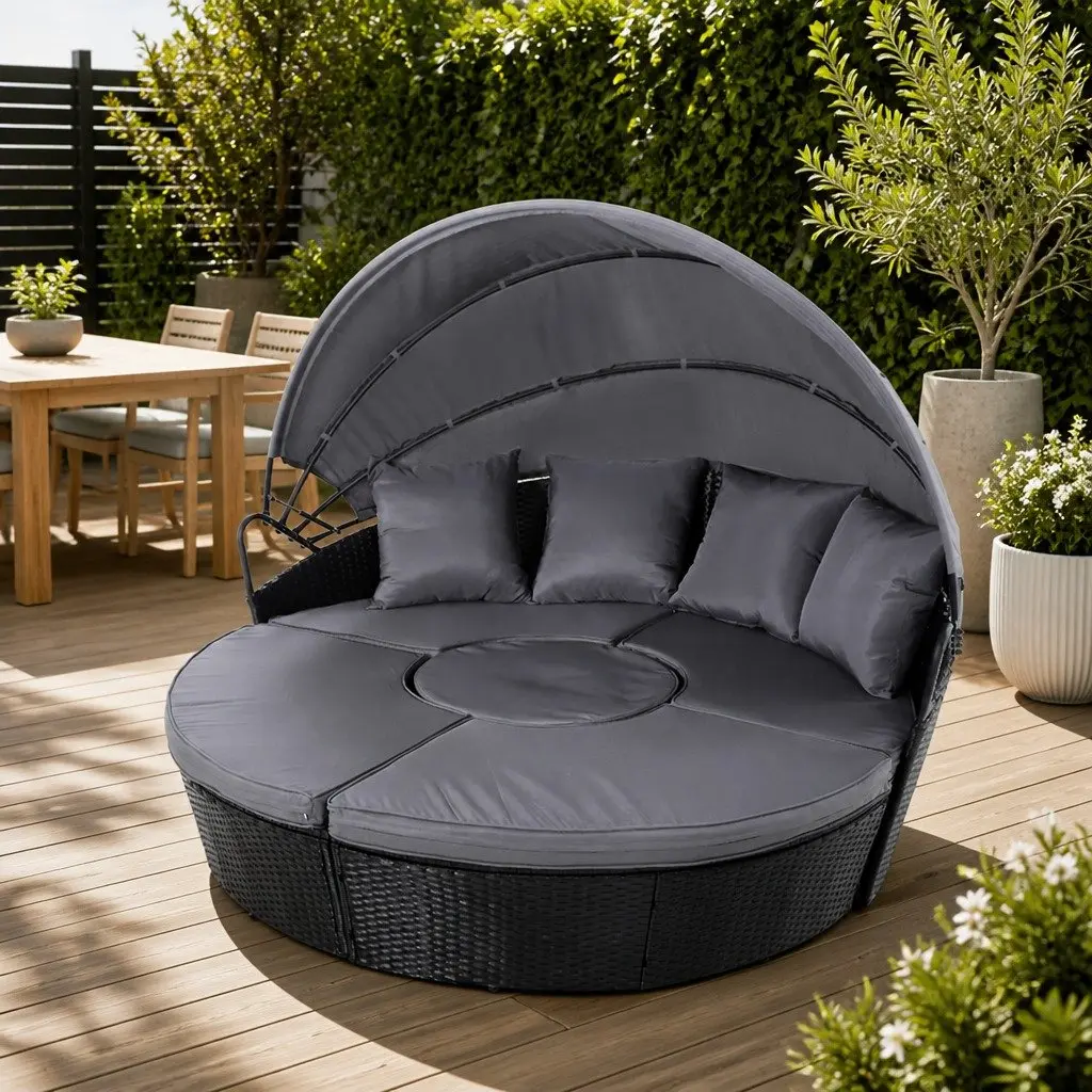 Outdoor Day Bed Sun Lounge Wicker Lounger 0-90° Adjustable Canopy Black