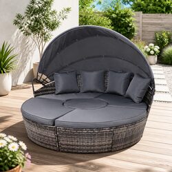 Outdoor Day Bed Lounge Setting Wicker Patio Furniture with Folding Canopy Grey