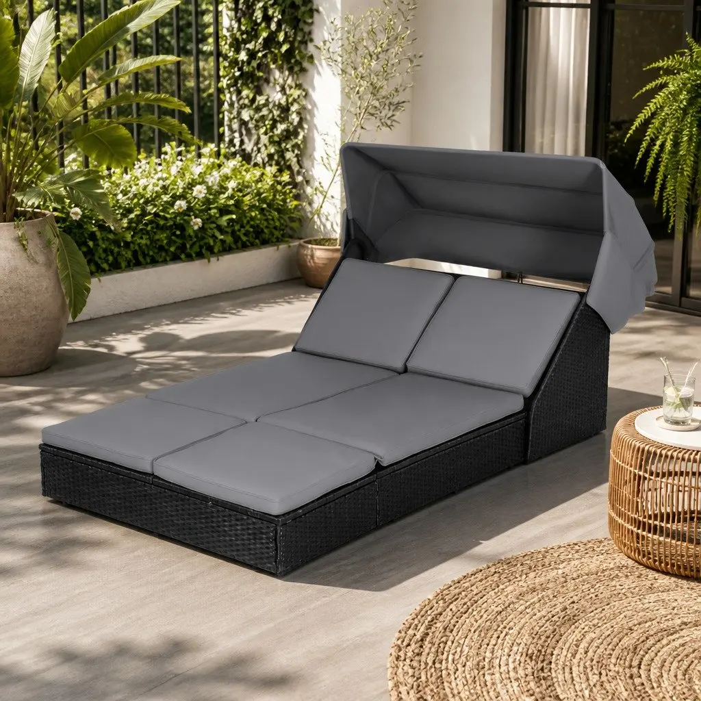Outdoor Day Bed Adjustable Backrest Black Wicker Lounger Patio Furniture
