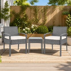 3PC Patio Lounge Set Outdoor Bistro Furniture Wicker Chairs Side Table Grey