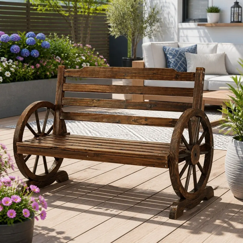 Outdoor Garden Bench 2 Seat Wagon Wheel Chair Wooden Patio Backyard Furniture
