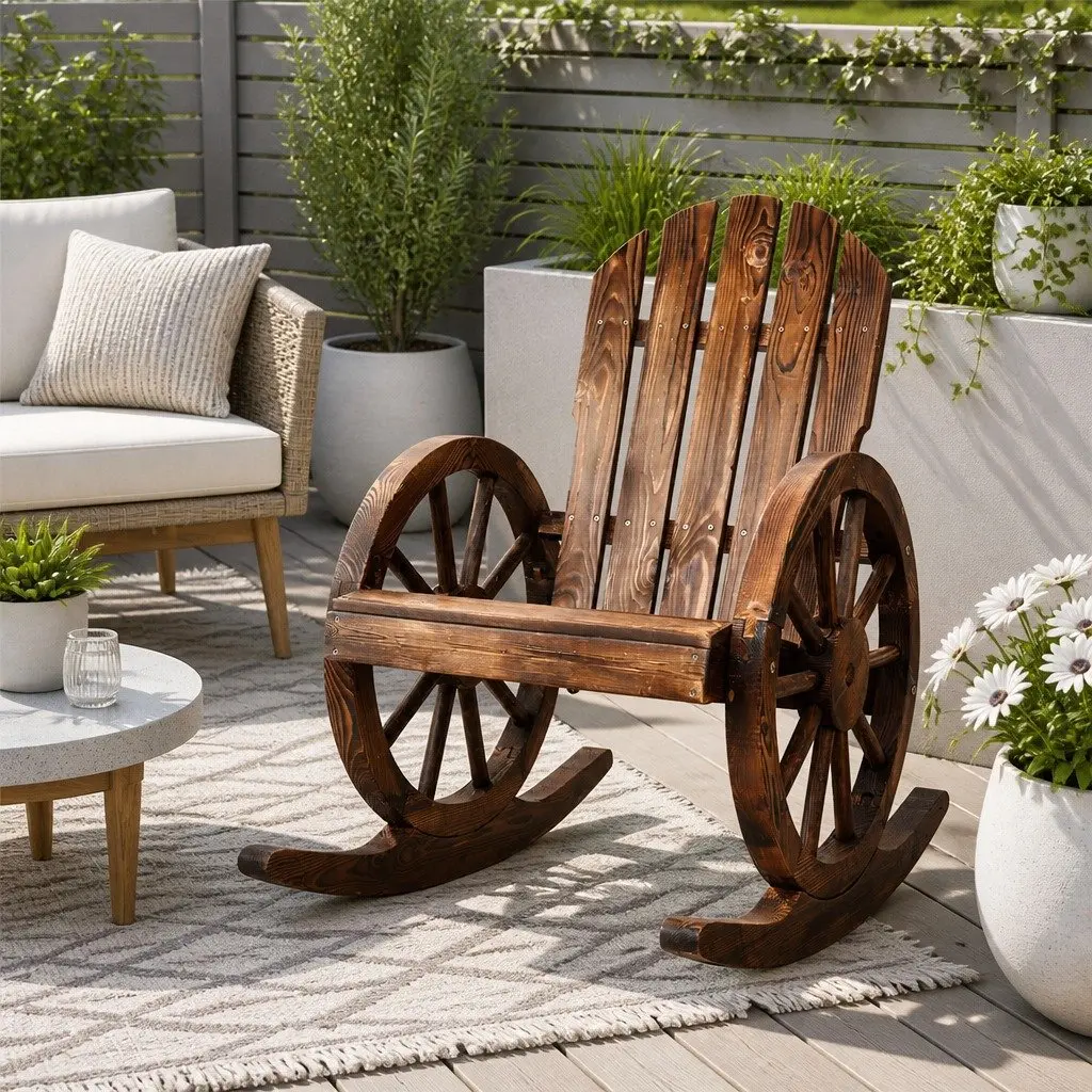Outdoor Rocking Chair Rustic Wagon Wheels Brown Canadian Fir Wood Weather-Resistant Garden Furniture