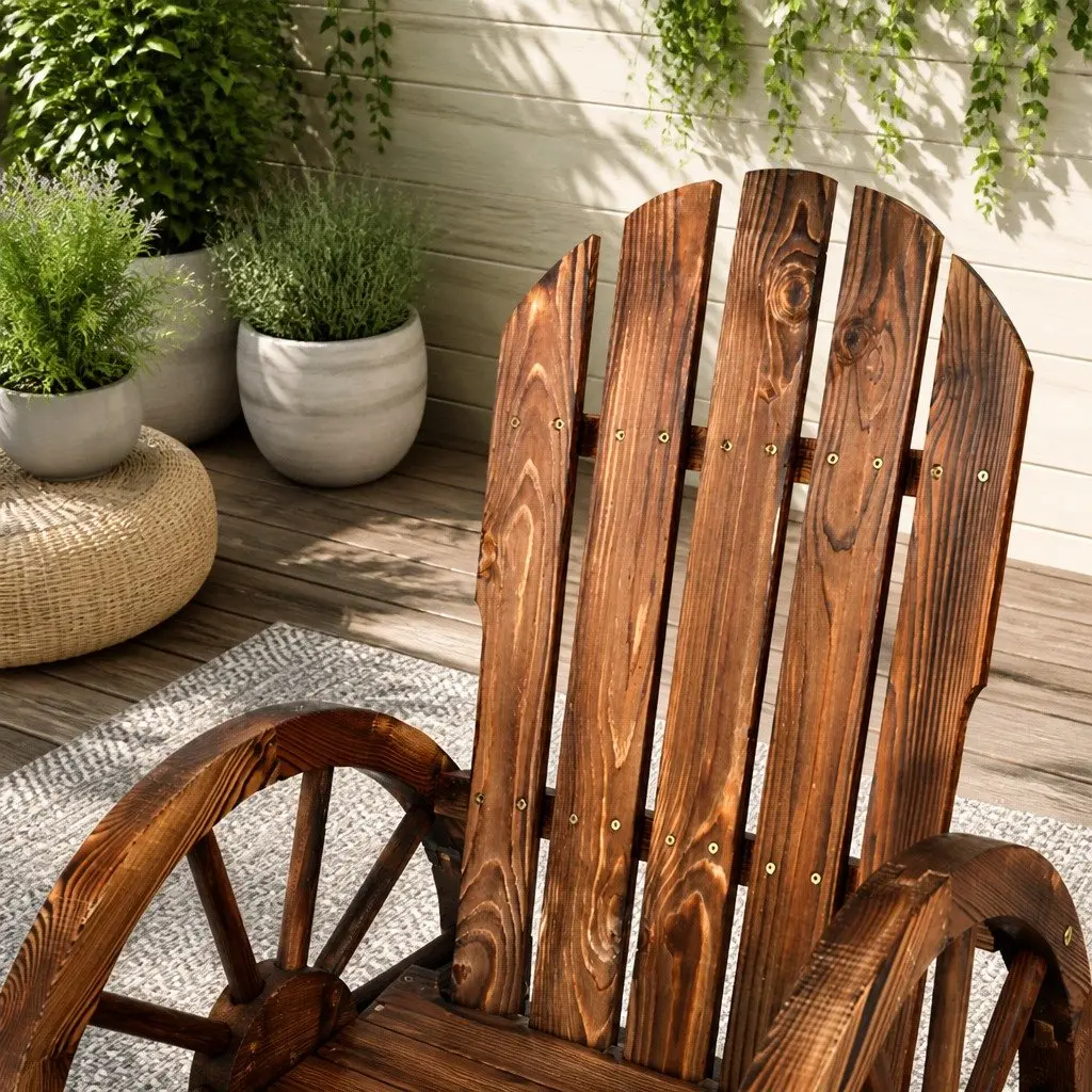 Outdoor Rocking Chair Rustic Wagon Wheels Brown Canadian Fir Wood Weather-Resistant Garden Furniture