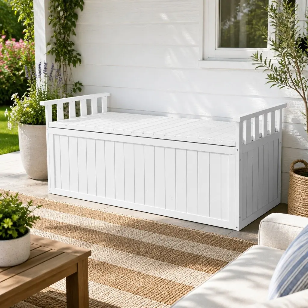 Outdoor Storage Bench Box 129cm Wooden Garden Toy Chest Patio Furniture White XL