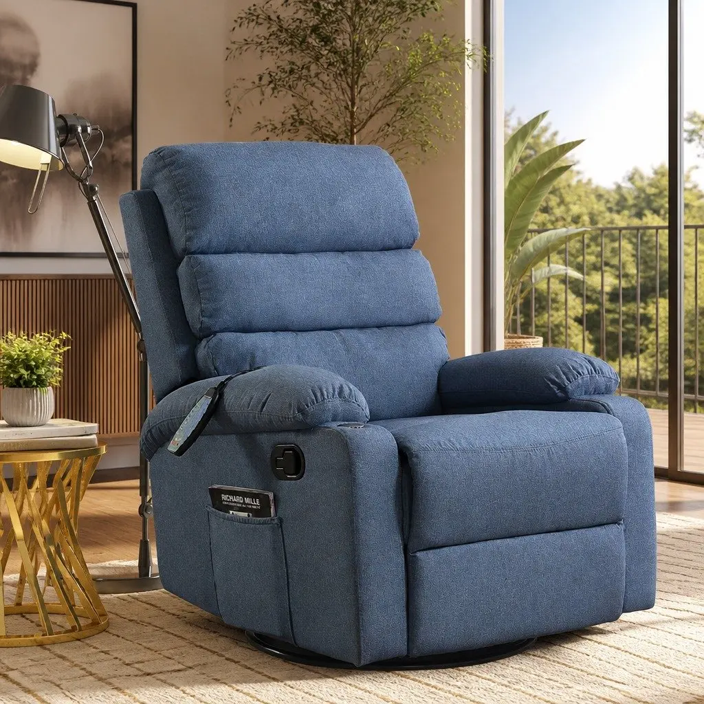 Massage Recliner Chair Blue Heated Adjustable Tilt Remote Control Lounge Seat